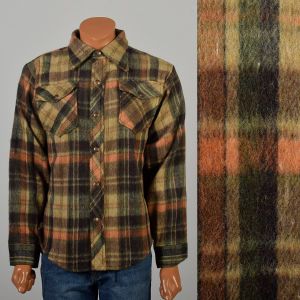 Large 1970s Heavy Weight Brown Green Orange Plaid Flannel Shirt Jacket Snap Front Long Sleeve