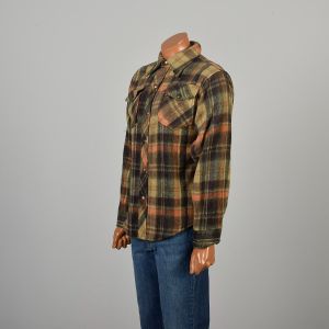Large 1970s Heavy Weight Brown Green Orange Plaid Flannel Shirt Jacket Snap Front Long Sleeve - Fashionconservatory.com