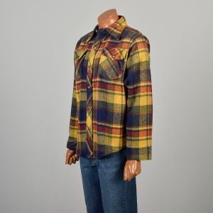  Large 1970s Multicolor Plaid Wool Flannel Shirt Jacket Long Sleeved Front Pockets
