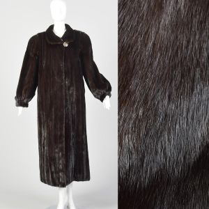 XL 1980s Mink Fur Full Length Chocolate Brown Coat Heavyweight Winter Outerwear