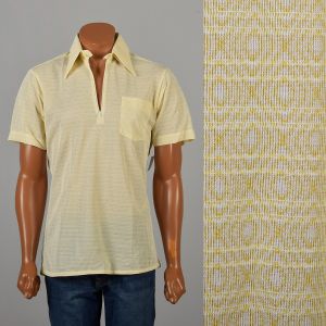 Medium 1970s Yellow and White Diamond Pattern Short Sleeve Shirt Zip Up Polo Sharp Pointed Collar