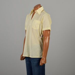 Medium 1970s Yellow and White Diamond Pattern Short Sleeve Shirt Zip Up Polo Sharp Pointed Collar - Fashionconservatory.com