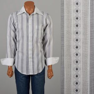 Large 1970s White Gray Stripe Shirt Button Down White Wing Collar French Cuffs 