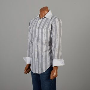 Large 1970s White Gray Stripe Shirt Button Down White Wing Collar French Cuffs  - Fashionconservatory.com