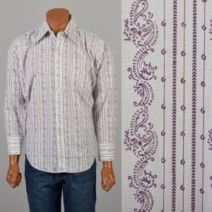 Large 1970s White and Purple Paisley Button Down Shirt Long Sleeve Wing Collar Very Good Condition