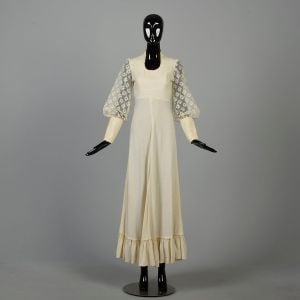XXS/XS | Cream Tie Back Waist 1970s Maxi Dress w/Sheer Floral Bishop Sleeves & Zip Cuffs