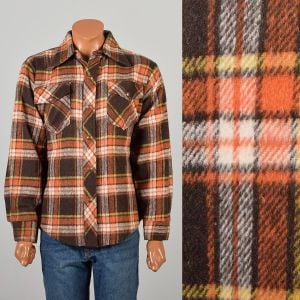 Large 1970s Mr. Leggs Wool Shirt Jacket Snap Front Flannel Shacket Plaid Brown Orange Winter