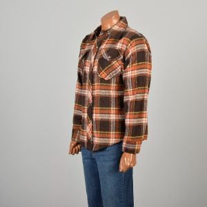 Large 1970s Mr. Leggs Wool Shirt Jacket Snap Front Flannel Shacket Plaid Brown Orange Winter - Fashionconservatory.com