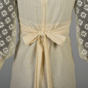 XXS/XS | Cream Tie Back Waist 1970s Maxi Dress w/Sheer Floral Bishop Sleeves & Zip Cuffs - Fashionconservatory.com