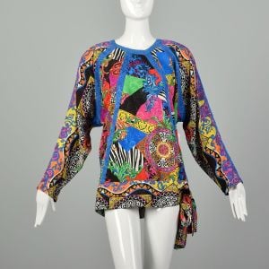 Large 1980s Bold Colorful Long Sleeve Cocktail Top with Side Tie at Hip