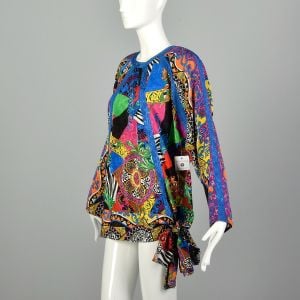 Large 1980s Bold Colorful Long Sleeve Cocktail Top with Side Tie at Hip - Fashionconservatory.com