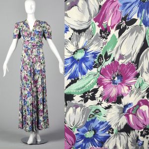Small 1940s Dress Floral Print Rayon Short Sleeve Maxi Large Floral Print Gathered Bodice Waist
