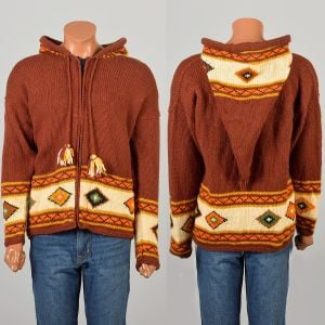 1990s Large Chunky Brown Wool Knit Cardigan Zip Up Large Pointed Hood