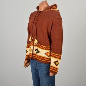 1990s Large Chunky Brown Wool Knit Cardigan Zip Up Large Pointed Hood - Fashionconservatory.com