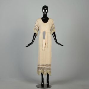 Medium 1970s Cream Fringe Knit Midi Dress Giorgio Sant'Angelo