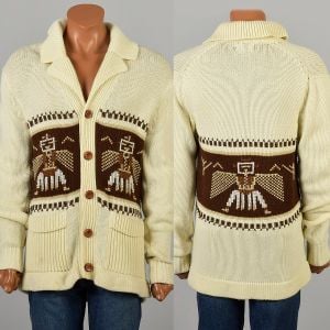 Medium 1970s Cream Chunky Knit Cardigan with Wooden Buttons Native American Design