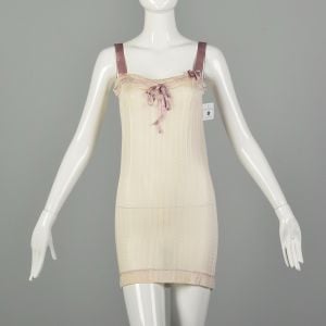 Small 1920s Pale Pink Slip Dress Cami with Purple Ribbon 