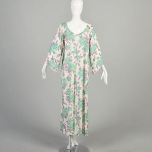 L-XL 1970s Floral Nightgown Robe Green Purple Rose Cream Silky Long Sleeve Maxi Loungewear MuuMuu - Fashionconservatory.com