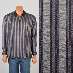 Large 2000s Purple Gray Striped Polo Shirt Long Sleeved Knit Collar 1/2 Zip