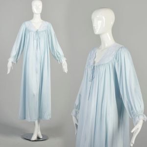 XL-3XL 1970s Light Blue Robe Lace Trim Long Sleeve Zip Front Silky Maxi Nightgown Loose Loungewear