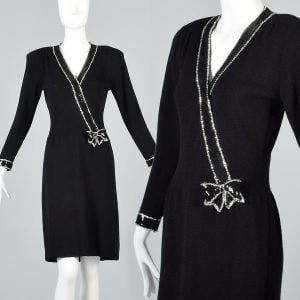 Medium-Large Black Sweater Dress Long Sleeve Knit Sequin Bow Party Cocktail Pencil Dress