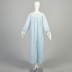 XL-3XL 1970s Light Blue Robe Lace Trim Long Sleeve Zip Front Silky Maxi Nightgown Loose Loungewear - Fashionconservatory.com