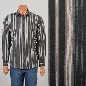 Medium 2000s Kenzo Striped Button Down Dress Shirt Blue, Black, Gray, and Purple Stripes