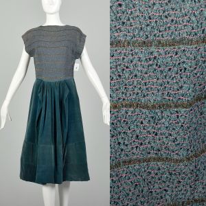 Small 1940s Teal Velvet Gold Lamé Knit Kangaroo Pocket Dress