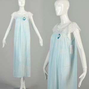 *AS IS* Medium 1970s Baby Blue Nightgown Lace Trim Sleeveless Silky Nylon Maxi Deadstock DAMAGED 