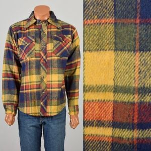 Large 1970s Yellow Blue Red Green Flannel Shirt Jacket Long Sleeved Front Pockets