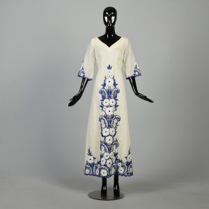 S | Elegant Cream & Blue Embroidered 1970s Boho Maxi Dress by Natex 