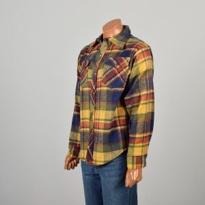Large 1970s Yellow Blue Red Green Flannel Shirt Jacket Long Sleeved Front Pockets - Fashionconservatory.com