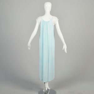 *AS IS* Medium 1970s Baby Blue Nightgown Lace Trim Sleeveless Silky Nylon Maxi Deadstock DAMAGED  - Fashionconservatory.com