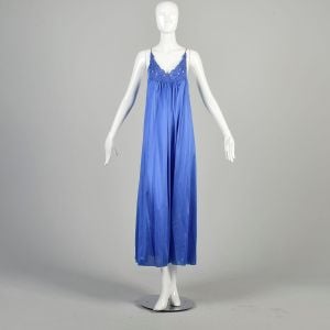 Large 1970s Bright Blue Nightgown Silky Nylon Sleeveless Lingerie Loungewear Low Cut Maxi Deadstock