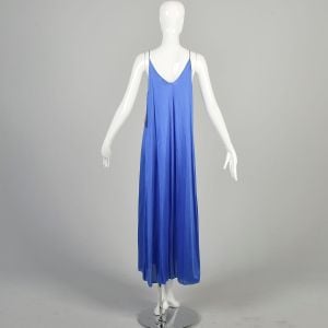 Large 1970s Bright Blue Nightgown Silky Nylon Sleeveless Lingerie Loungewear Low Cut Maxi Deadstock - Fashionconservatory.com