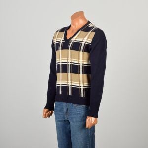 Medium 1970s Navy Blue Wool Sweater with Brown Plaid Front - Fashionconservatory.com