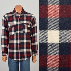 Large 1960s Woolrich Blue Burgundy Plaid Flannel Shirt Long Sleeve Button Up