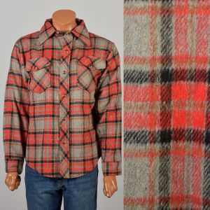 Large 1970s Red and Gray Wool Flannel Shirt Jacket Snap Closure Long Sleeve