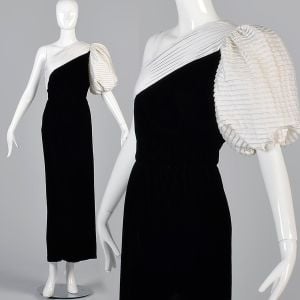 Small 1970s Black Velvet Dress White Bubble Sleeve Lillie Rubin Asymmetric Elegant Formal Dress 