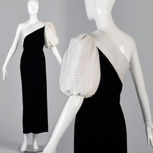 Small 1970s Black Velvet Dress White Bubble Sleeve Lillie Rubin Asymmetric Elegant Formal Dress  - Fashionconservatory.com