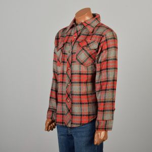 Large 1970s Red and Gray Wool Flannel Shirt Jacket Snap Closure Long Sleeve - Fashionconservatory.com