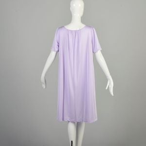 M-L 1970s Purple Nightgown Lace Trim Floral Mid Length Short Sleeve Silky Nylon Lingerie Deadstock  - Fashionconservatory.com
