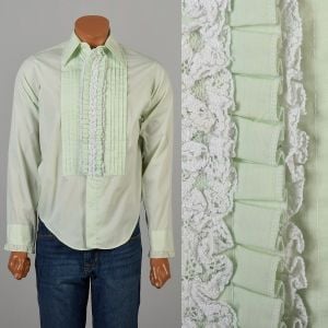 Small 1970s Mint Green Ruffle Tuxedo Shirt Dress Shirt Prom Long Sleeved Button Up