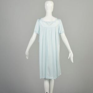 L-XL 1970s Baby Blue Nightgown Lace Floral Trim Square Neck Short Sleeve Silky Nylon Deadstock  - Fashionconservatory.com