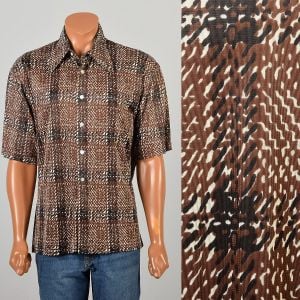 Large 1970s Brown Black Plaid Short Sleeved Shirt Button Up Disco Wing Collar