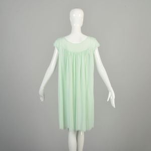 L-XL 1960s Mint Green Nightgown Seafoam Lace Trim Scallop Hem Short Sleeve Silky Nylon Loungewear - Fashionconservatory.com