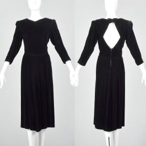 Medium Black Dress 1980s Velvet Open Back Puff Sleeve Party Cocktail LBD