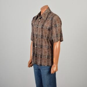 Large 1970s Brown Black Plaid Short Sleeved Shirt Button Up Disco Wing Collar - Fashionconservatory.com