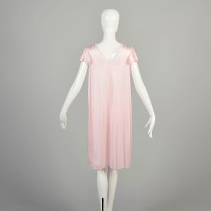 M-L 1970s Baby Pink Nightgown Lace Trim Short Sleeve Silky Nylon Loungewear Deadstock NWT - Fashionconservatory.com