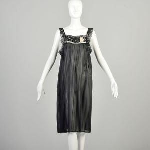 L-XL 1970s Black Nightgown Lace Trim Lightweight Silky Nylon Sheer Sleeveless Babydoll Deadstock 